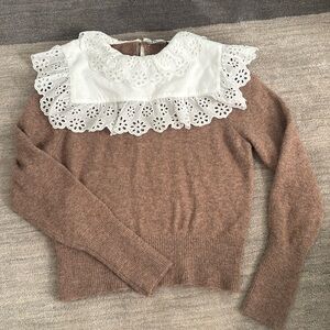 Zara Brown Knit Sweater with white Eyelet lace bib